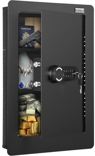 VEVOR 25.59 High Concealed Wall Safe, Keypad Access 3-Level Security Safe, Includes 3 Adjustable Shelves & 6 Hooks, Made of Durable Q235 Steel, Features LED Lighting & Alert System for Valuables