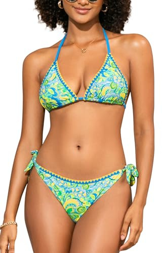 SHEKINI Women's Bikini Set Triangle Halter Tie Side Cheeky Bottom Paisley Shell Stitched Two Piece Swimsuit Boho Beach Swimwear, Green, M