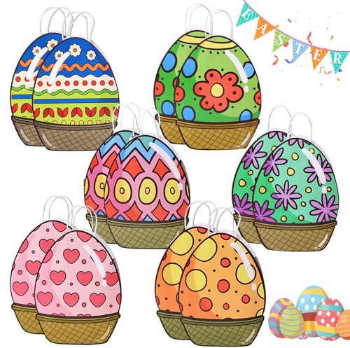 Tasche Ostereiersuche, Darryy 12 Stück Geschenktüten Ostern Sehr Groß, Ostertasche Kinder Groß, Oster Tragetasche, Ostertüten zum Befüllen Kinder Groß, Große Ostertüten, mit Griffen 6 Designs（Ei）