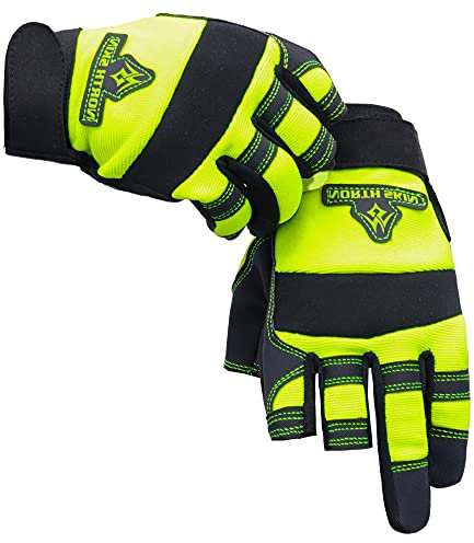 NORTH SKIN Fingerless Safety Work Gloves Flexible Heavy Duty Performance Carpenter Paint Anti Slip Training Palm Wheelchair Assembly Half Finger Camping Gloves for Men Women (Green 3HF, S)