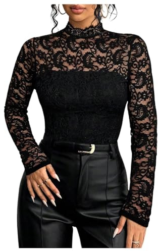 GORGLITTER Women's Lace Sheer Long Sleeve T Shirts Mock Neck Sexy Skinny Elegant Evening Party Tops Black L