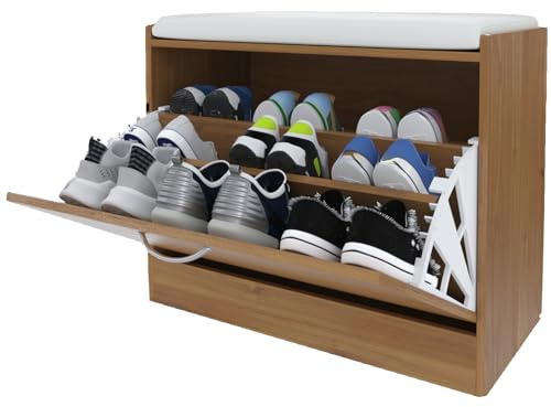 Bricozone Scarpiera Cassapanca Portascarpe in Legno Salvaspazio Panca con Seduta Imbottita in Similpelle per Ingresso Capiente 9 Paia di Scarpe Tripla Anta a Ribalta Dimensioni 60x30x48cm Colore Noce
