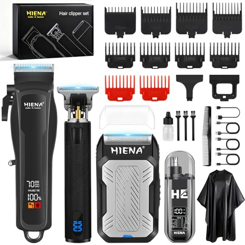 HIENA PRO Maquina de Cortar Pelo Hombre, Cortapelos Inalámbricos, Recortadora de Barba, Afeitadora de Láminas, Cortapelos de Nariz, Juego Completo Recargable por USB Kit de Corte de Pelo