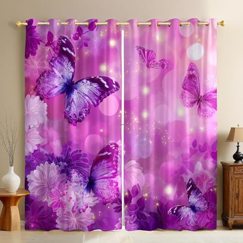 Lila Vorhänge Verdunkelung Blickdicht Blumen und Schmetterlinge mit Ösen, Thermovorhänge Energiespar Gardinen 2er Set H160 x B70 cm für Wohnzimmer Schlafzimmer Büro Homeoffice