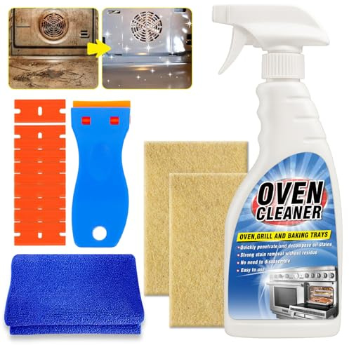 Oven Cleaner Heavy Duty Spray 500ml, Multi-Surface Oven Cleaning Kit with Non-Scratch Scraper & Cloth, Idea for Racks, BBQ Grill, Air Fryers, Kitchen Cooker & Vehicle Surfaces (500ML)