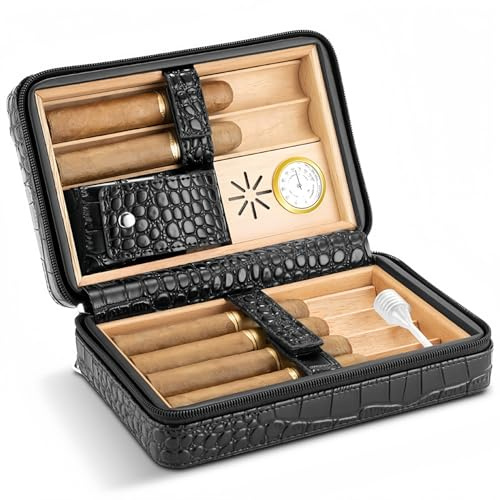 Racocou Cederträ Läder Vattentät 6-Cigarr Resefodral Humidor Inbyggd Hygrometer och Fuktare Herrars Lyxpresent till Pappa Make,Black