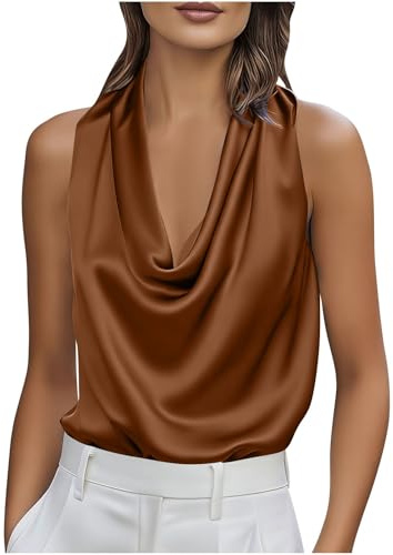 Chemisier Femme satiné sans Manches, Haut élégant Effet Soie avec col bénitier drapé plissé Blouse Fluide Chic pour Bureau, soirée, Quotidien et Automne