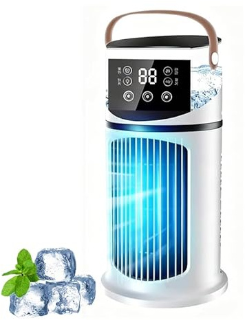 Mini aire acondicionado portátil | 27 cm Refrigerador de aire silencioso | 4 en 1 con deshumidificador | 9 velocidades | Luz nocturna de 7 colores e iluminación LED | Para dormitorio, oficina, camping