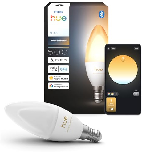 Philips Hue Smart LED-Leuchtmittel, B39, E14, 1er Pack, White Ambiance, Vollspektrumlicht 1.000 K–20.000 K, 500 lm, Extrem Niedrig Dimmbar, Alexa, Google Home, Apple Home | Warm- oder Kaltweiß, Smart LED, 500 lm, Vollspektrum 1000K-20000K, Smart Home, ultrafluide Einstellung