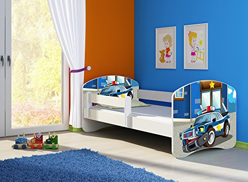 CLAMARO 'Fantasia Weiß' 160 x 80 Kinderbett Set inkl. Matratze und Lattenrost, mit verstellbarem Rausfallschutz und Kantenschutzleisten, Design: 38 Polizeiwagen