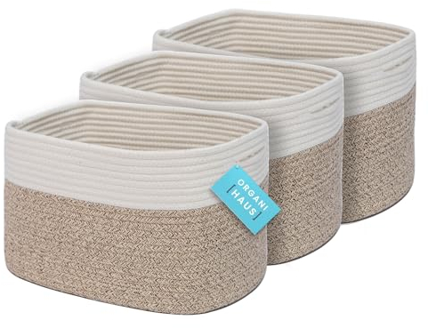 OrganiHaus Aufbewahrungskorb Rechteckig Geflochten, Körbe Aufbewahrung Wohnzimmer, Kinderzimmer, Badezimmer, Deko Korb, Faltbar mit Griffen für Decken & Spielzeug – Braun & Cremeweiß, 37x25x22,5 cm