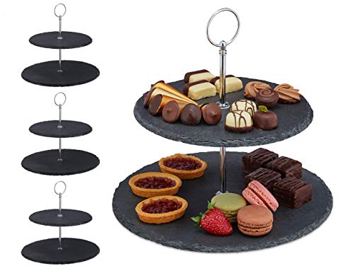 Relaxdays 4X Alzata in Ardesia, 2 Piatti per Dolci, Snack & Frutta, Centrotavola con Manico in Metallo, Antracite Argento