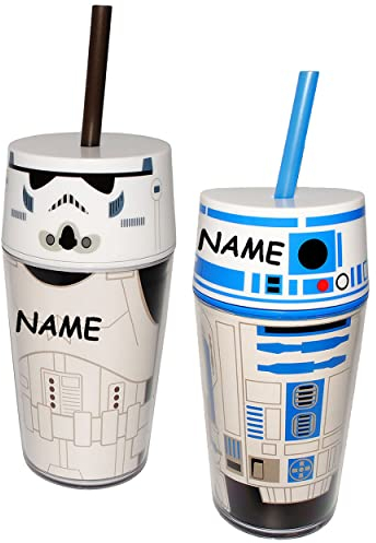 alles-meine.de GmbH 2 Stück Becher/Trinkflaschen - Star Wars - Stormtrooper / R2 D2 - incl. Name - 400 ml - mit Strohhalm & Deckel - Becher/Sommerglas - Trinklernbecher..