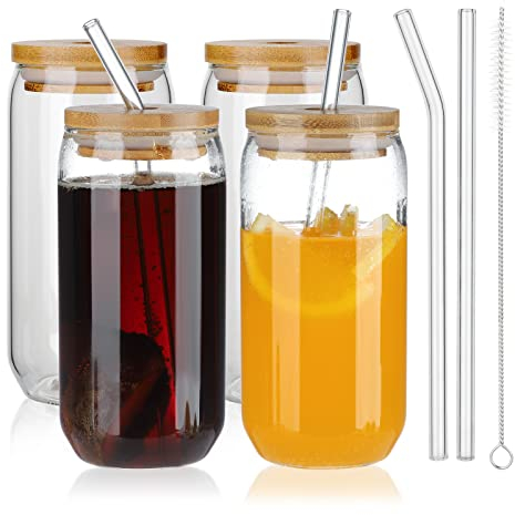 LEMCC 4 Pack Mason Jar with Wooden Lid and Straw 16OZ Wide Mouth Drinking Glasses with Straw Brush Reusable Boba Cups Travel Bottle for Large Pearl Juices Cocktail