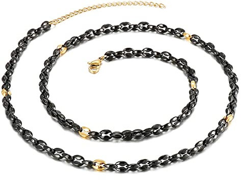 Daesar Schwarz Gold Kette 64CM ohne Anhänger Herren, Bohnenkette 5MM Breit Halskette Edelstahl Schwarz Gold für Charms