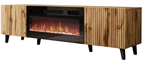 Mirjan24 TV Lowboard Vailbo 180 mit Elektrischem Kamin, Fernsehschrank, Fernsehtisch, Unterschrank, Realistische LED-Flamme, Mit Deko-Kristallen, Board, Schrank, TV-Bank (Eiche Wotan)
