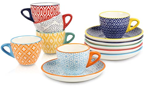 Selamica Ceramic 2 oz Espresso Cups, Small Expresso Coffee Cup Set with Saucers, Porcelain Mini Demitasse Cups for Latte Mocha Tea, Set of 6, Assorted Colors