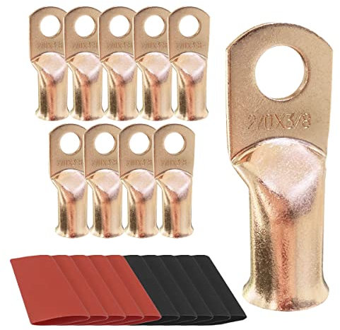 10pcs 2/0 AWG-3/8 Ring Battery Lugs, Copper Lugs, Battery Cable Ends, Tubular Ring Terminals, Crimp Wire Ring Lugs, Battery Terminal Connectors with Heat Shrink Tubing (10, 2/0 Awg - 3/8 (M10) Ring)