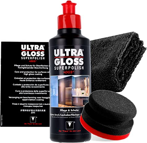 Möbel Politur Bundle - Ultra Gloss Superpolish Küche 0,25L + Booklet + detailmate Poliertuch 550GSM + Garage Freaks Polierpad - Pflege & Schutz für Hochglanz Acryl & Lack Oberflächen