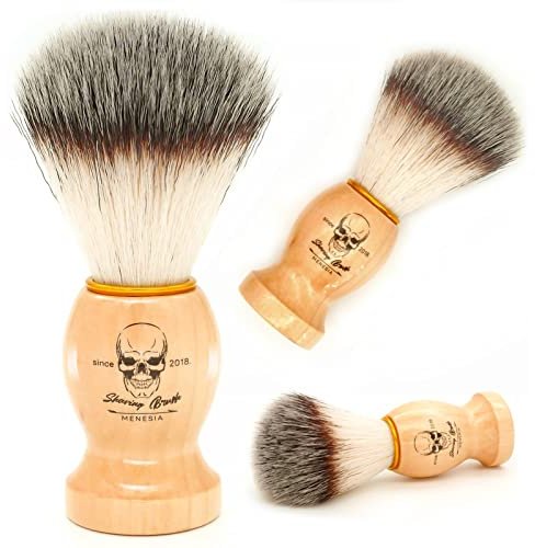 Menesia Blaireau de rasage pour homme, manche en bois, crème à raser et brosse à savon (crâne)