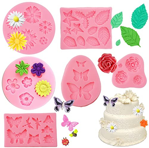 6 Stück Silikonform Blumen, 3D Blumen Fondant Formen Silikon | Blumen Schmetterling Blätter Libelle Silikon Fondant Formen für Fudge, Schokolade, Kuchen, Dessertdekoration, Seife