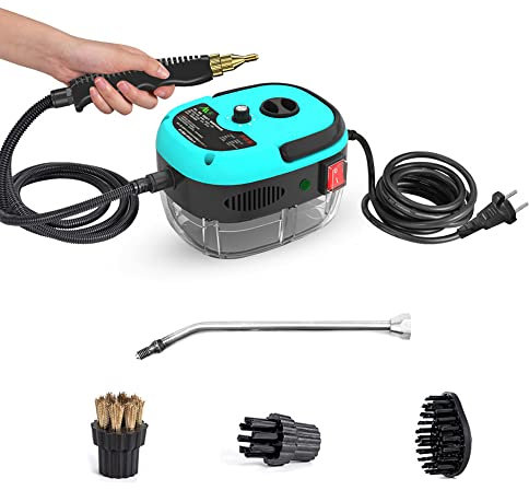 Decdeal Limpiador a vapor, presión de vapor: 3 bares, con 3 cabezales diferentes, 2500 W, 6 velocidades ajustables, con barra alargada, cables largos y mango antideslizante (azul)