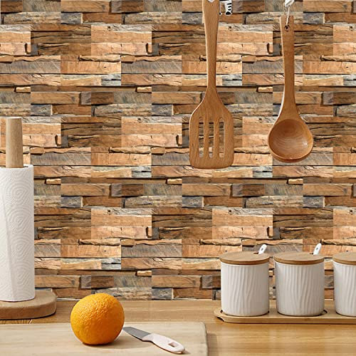 Fliesenaufkleber Holz Korn Braun Küchenrückwand Selbstklebend PVC Klebefliesen Hitzebeständig Mosaikfliesen Wasserdicht Fliesenaufkleber Bad Ölfest Spritzschutz Fliesenfolie 15x30cm/6 Pcs
