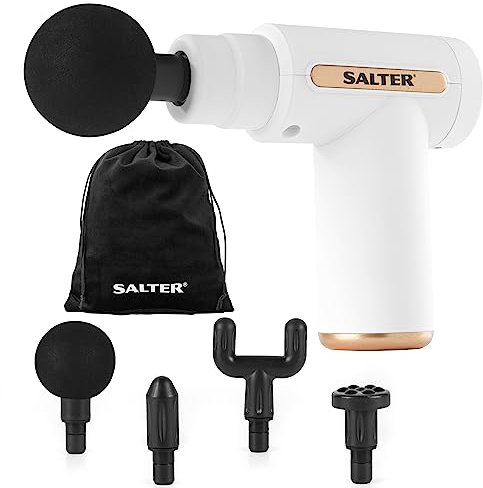 Salter EE7427WHTSTKEU7 Mini Massage Gun – 4 Massage Heads, LCD Panel, Electric Handheld, Rechargeable, 6 Intensity/Speeds, Includes Carry Bag and USB, Relaxation, Deep Massage, Tension Relief, White