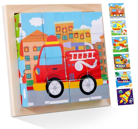 SPERMUOY Würfelpuzzle Holz,3D Würfelpuzzle Puzzlespiele,Bilderwürfel Holz Holzpuzzle für Kinder ab 1 2 3 4 Jahre,Montessori Lernspielzeug Geschenk für Jungen und Mädchen