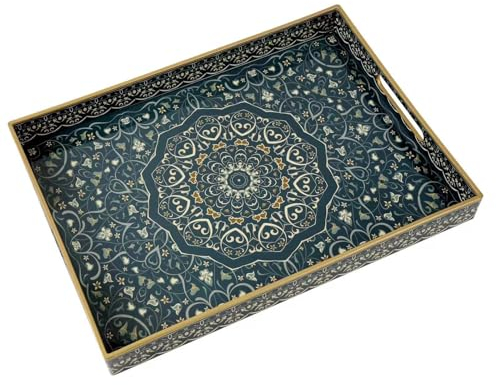 Fuukou Plateau de service en plastique avec poignées, grand plateau ottoman pour salon, grand plateau rectangulaire pour table basse ottomane, plateau de service décoratif bleu bohème pour décoration