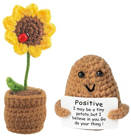Meanju 2 Stück Pocket Hug Positive Sonnenblume, Positive Potato Sonnenblumen Deko, Kreative Gehäkelte Blumen Strickwolle Kartoffel Puppe, Mutmacher Geburtstag Geschenk für Familien Freunden