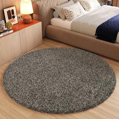 TAPISO Essence Teppich Rund Grau Dunkelgrau Hochflor Langflor Shaggy Einfarbig Flauschig Schlafzimmer Wohnzimmer Kinderzimmer ÖKO-TEX 100 x 100 cm