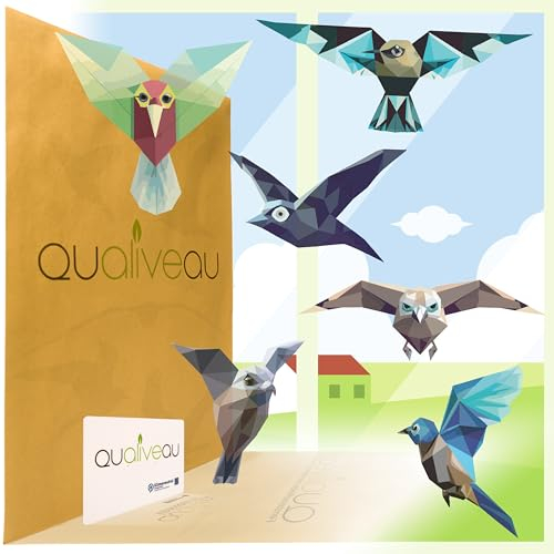 QUALIVEAU® Aufkleber zum Schutz vor Vogelschlag auf transparenter Milchglasfolie, 6 künstlerische Vogelarten