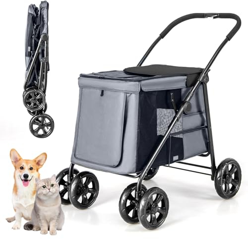 COSTWAY Hundewagen, Hundebuggy klappbar, bis 40 kg, Hundetrolley mit Kissen, Haustierwagen mit Netzfenstern & oberem Ablagefach & 2 Türen & Seitentaschen, Haustiere Buggy für Hunde Katzen (Grau)
