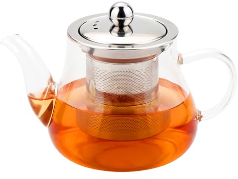 Honneeo Tetera de vidrio 450 ml de borosilicato sin goteo con infusor, hervidor de té seguro para estufa con colador de acero inoxidable 304, tetera pequeña para hojas sueltas, hierbas, frutas,