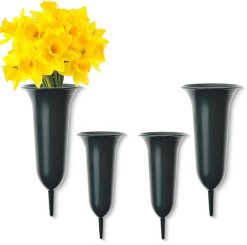 Grabvasen zum Stecken als frostsichere Grabdeko - Kleine Friedhofs-Vasen 4er in 26, 31 cm als wetterfester Kunststoff Grabschmuck - Grüne Erdspieß Blumenvasen als schöne Steckvasen