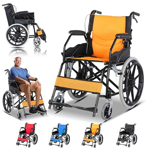 Bueuwe Faltbar Leicht Rollstuhl, Klappbar Transportrollstühle für Behinderte and ältere, Sitzbreite 44.5 cm, Belastbarkeit 150 kg, Ultraleicht Reiserollstuhl,Transportrollstuhl,Gelb