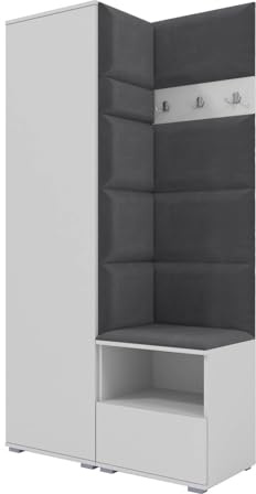 RAVIO Garderoben-Set NELA I mit Kleiderschrank & 3 Doppelhaken, 100cm Flurgarderobe mit Garderobenpaneel & Schuhschrank (Weiß + Dunkelgrau (Trinity 15))