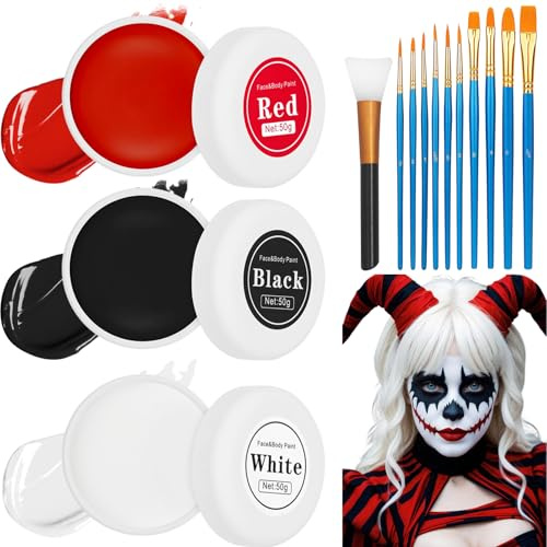 Halloween Clown Schminke Schwarz Weiß Rot mit 11 Pinseln,Halloween Vampir Makeup Creme Gesicht Körperfarbe SFX Makeup Schminke für Erwachsene und Kinder,Halloween,Karneval,Wasserdicht