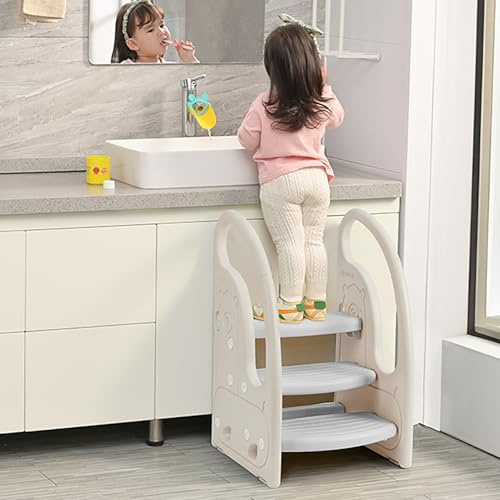 Growaystory Tritthocker für Kinder, Trittleiter Kinder mit 3 Stufen, Höhenverstellbar, Sicherer, Lernturm, Trittschemel, Tritt-Schemel Kinderschemel für Baby (Weiß/Hellgrau)
