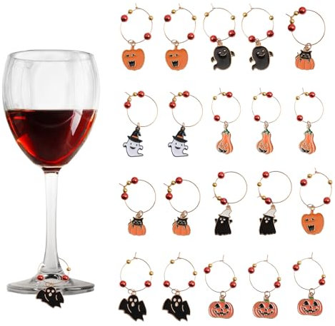 URROMA Halloween Wine Glass Charms, 20Pcs Halloween Wine Glass Markers Set Ghost Pumpkin Charms Drink Markers Tags Wine Glass Decor