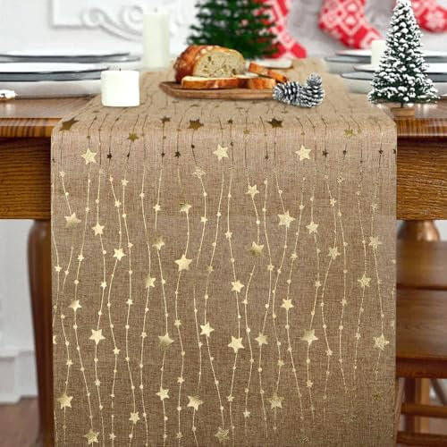 Christmas Table Runner Gold Star 11*108 Inches Light Brown Xmas Table Runner for Xmas Christmas Home DIY Table Decorations