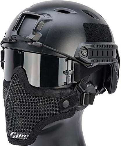 ANSNOW Casco Táctico Fast Airsoft Y Media Máscara de Malla de Acero Plegable + Gafas de Seguridad con 3 Lentes, Casco de Combate Militar a Prueba de Explosiones Y Accesorios, Juegos de Paintball Cs