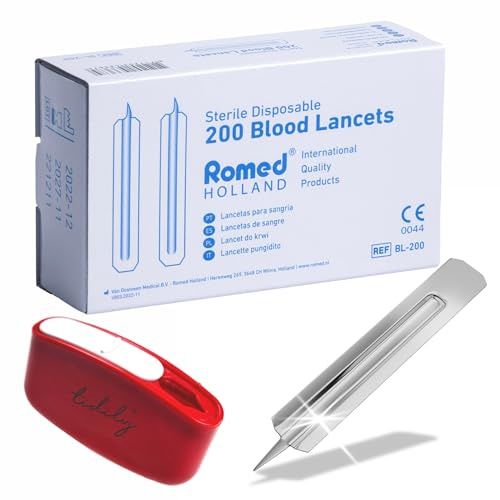 Romed 200 Stück Milienlanzette, Einweglanzette, sterile Blutlanzette aus Edehlstahl und tidily Entsorgungsbehälter rot 1 Stück