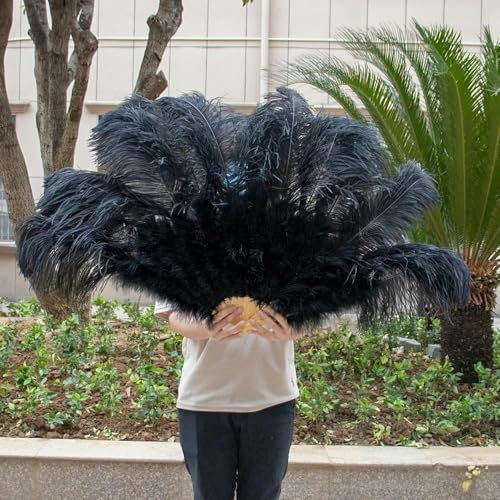 Abanicos de plumas de avestruz grandes y esponjosos de color amarillo, plegables, de mano, para actuaciones y bailes, en varios estilos, para fiestas, espectáculos, color negro, 130 cm, 1 unidad