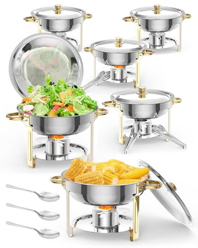 5QT 6 Packs Chafing Dish Buffet Set, NSF Round Stainless Steel Chafers and Warmers Food Servers Sets with Lid & Lid Holder, Spoon & Tweezer for Catering Events Parties Weddings Dinners, Gold