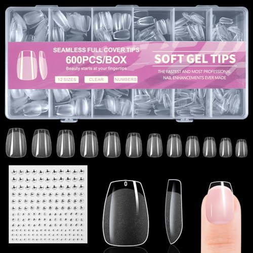 BUTBU 600 PCS Uñas Postizas Corto T, 12 Tamaños Tips Uñas Transparentes | Juego de puntas de uñas postizas de gel de 12 tamaños, para extensión de uñas y arte de uñas, salón de uñas en casa