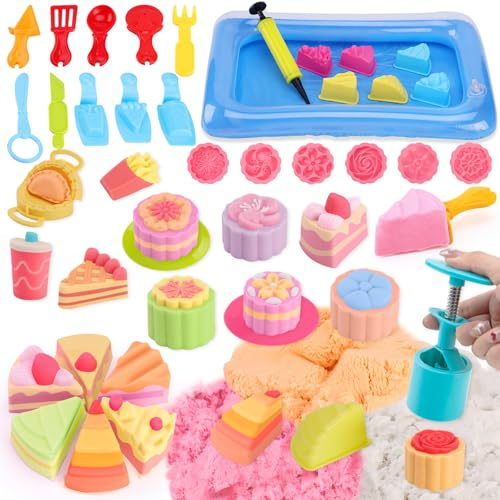 Crelloci Magic Play Sand Cake Dessert Set for kids, Cake Molds, Mooncake Pressing Tools, Plates & Forks with 3 Vibrant Colours Sand, Sensory Toys for Kids Aged 3 and Up