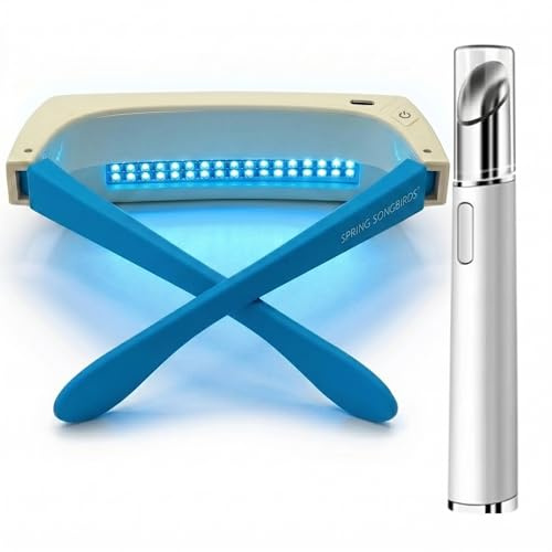 Blaue & weiße Lichtbrille für besseren Schlaf und Steigerung der Energie mit Augenmassagegerät Geschenkset | Warm & Cool Modus für Falten, Tränensäcke, Augenringe | Hautstraffung & Aufhellung | Spa