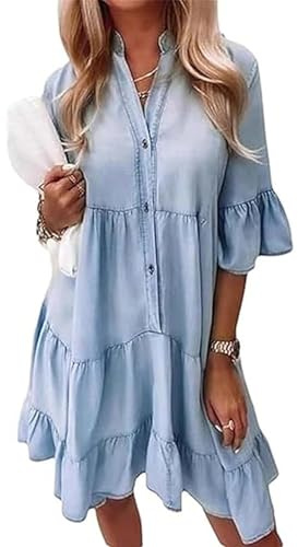 XUANXUANQZ Alltoright-jeansklänning, sommarklänning med volanger och V-ringning, lätt denimlook, tvättad bomull, medellånga ärmar, Ljusblå, L